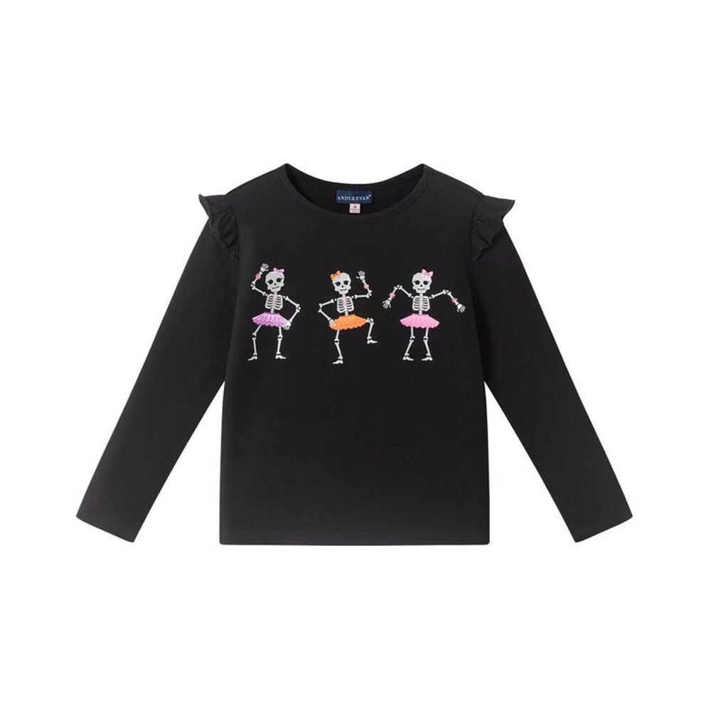 Andy & Evan Girls  Glittery Dancing Skeletons Ruffle Top, Black